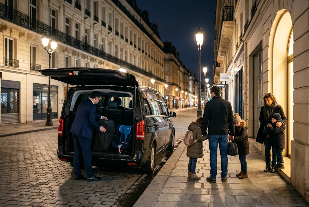 Chauffeur chargeant valises et siège enfant dans un van, famille prête à partir pour Orly dans une rue de Paris la nuit